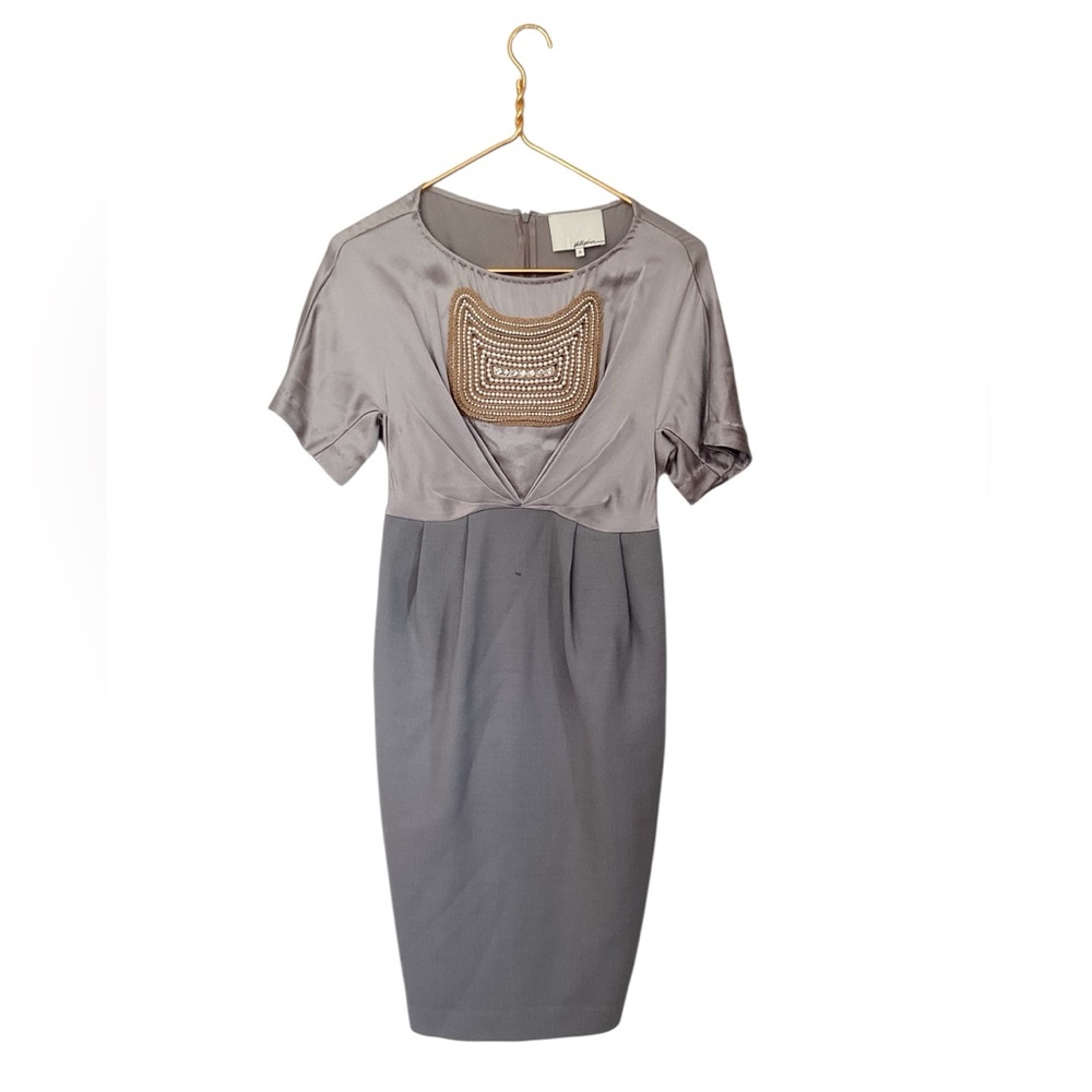 3.1 Phillip Lim Grey Floral Beaded Rhinestone Designer Short Sleeve Dress 0